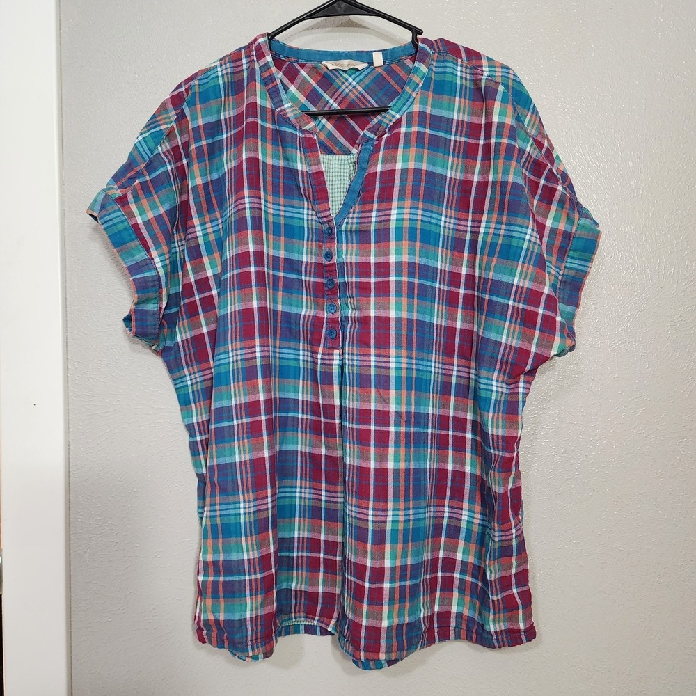 Soft Surroundings Womens Plus 1X Top Plaid Short Sleeve Split V-Neck Tunic